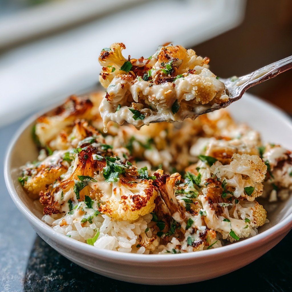 Roasted Cauliflower Tahini Rice Bowl